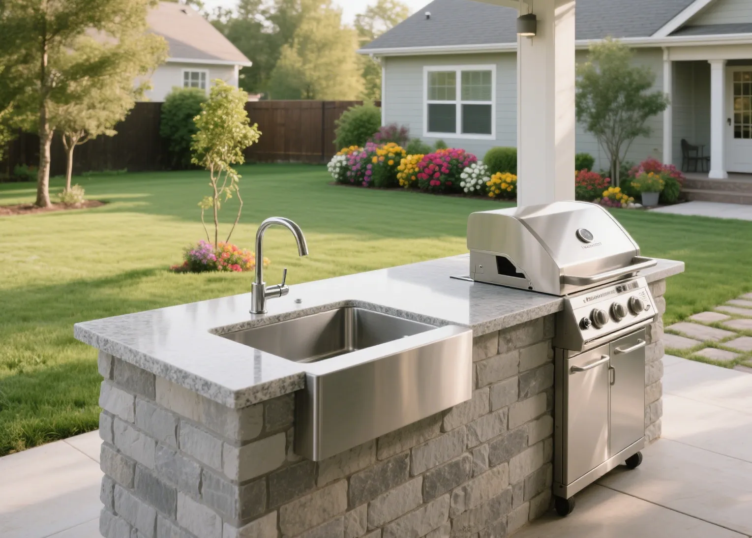 Modern kitchen with rectangular stainless steel sink embedded in white countertop with wooden cabinets below, silver faucet, and kitchen items including plates and bottles